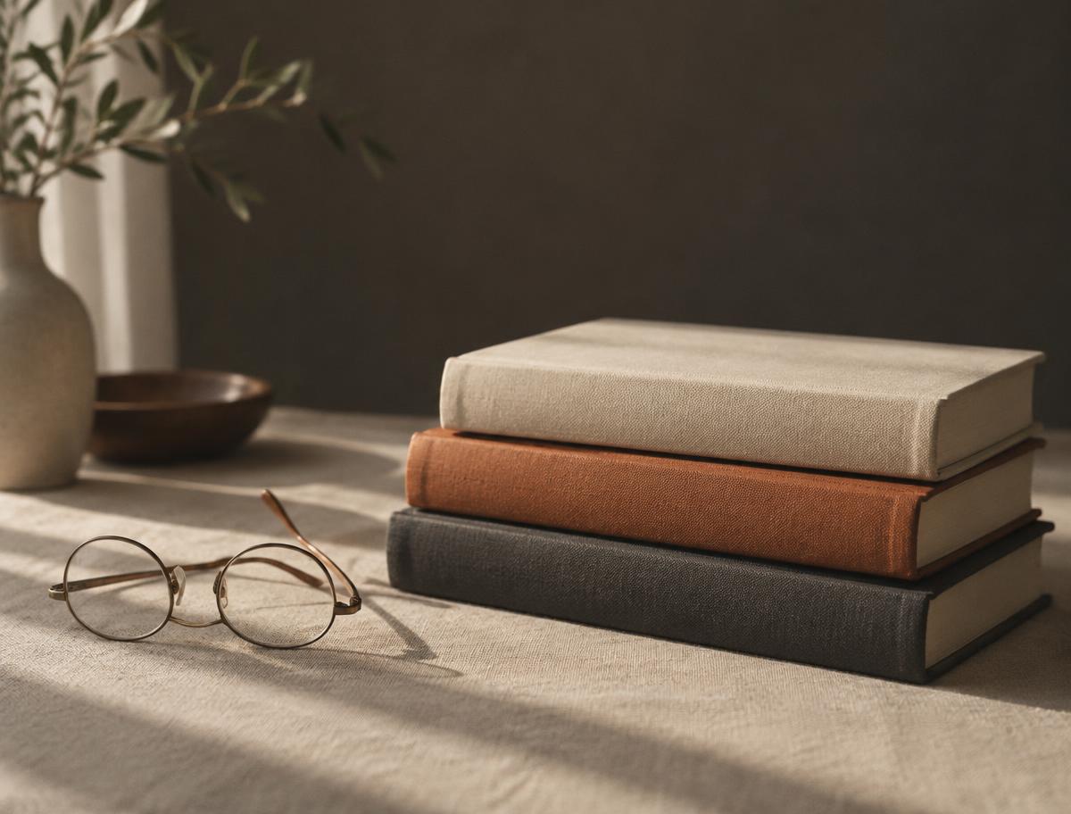 A stack of blank cloth hardcover books with a pair of reading glasses resting beside them on a warm linen surface